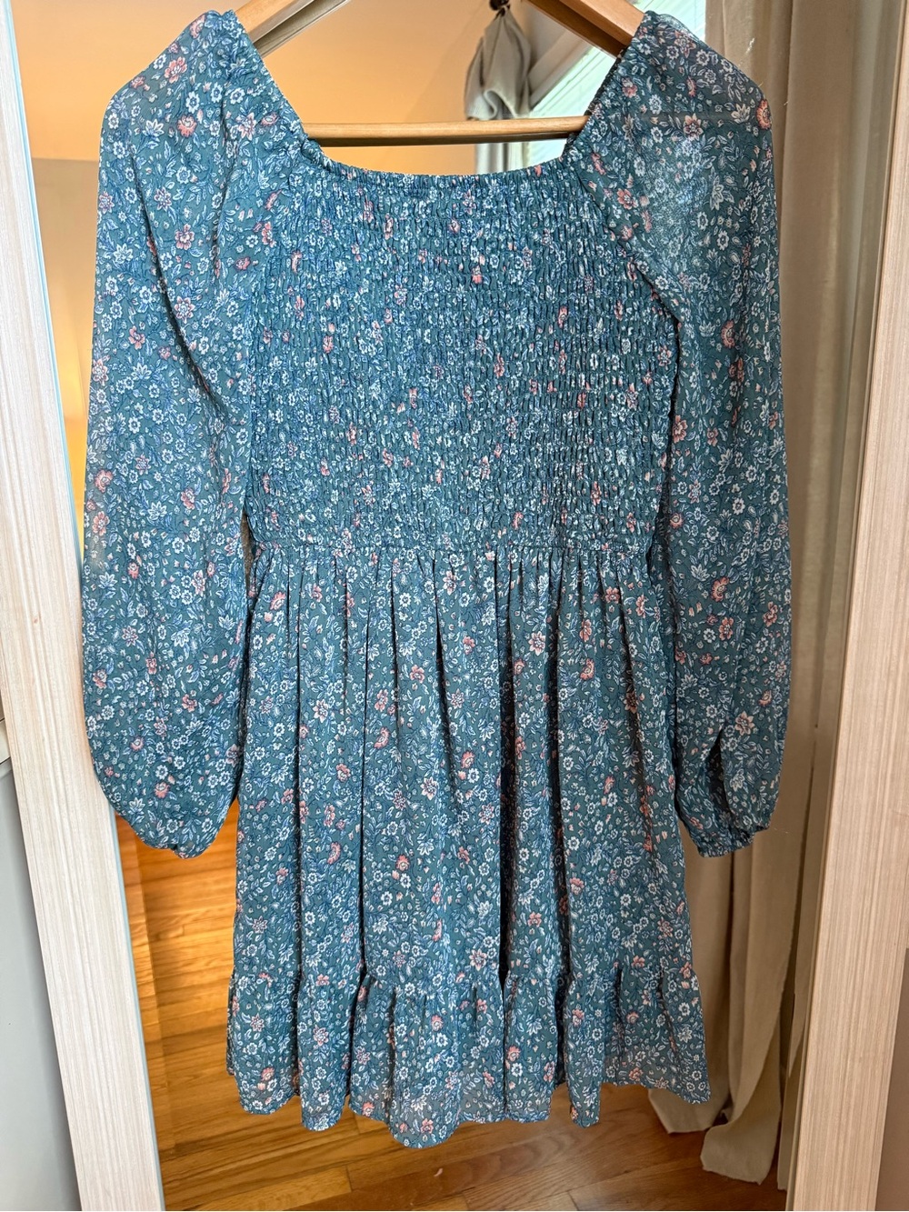 Target Art Class Girl’s Smocked Long Sleeve Green Floral Mini Dress